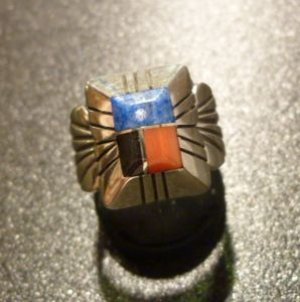 画像1: ナバホ　Chester・Benally　インレイ　マルチカラー　スモールスクエアーリング16号