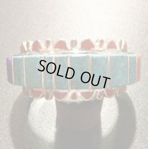 画像1: ナバホ　Vernon・Haskie　インレイ　バーズアイターコイズ&レッドコーラルetc　バングル約16〜16・5cm用