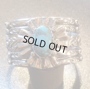 画像1: ナバホ　Ernie・Lister　コインシルバー&インゴッドシルバー　ビスビーターコイズ付　バングル約15〜16cm用