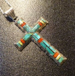 画像1: ナバホ　Gilbert・Nelson　インレイ　マルチカラーストーン　クロス型TOP
