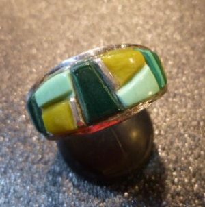画像1: ナバホ　Edison・Yazzie　インレイ　グリーンターコイズ&マラカイトetc　リング22号