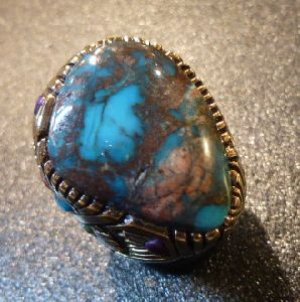 画像1: ナバホ　Marco・Begaye　オール14金ゴールド　ビスビーターコイズ付　リング22号