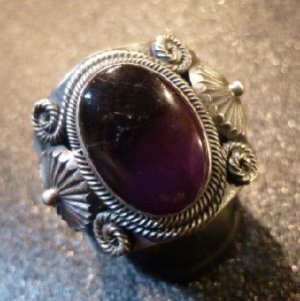 画像1: ナバホ　Derrick・Gordon　インゴットシルバー　スタンプワーク×アップリケ　スギライト付　リング19号