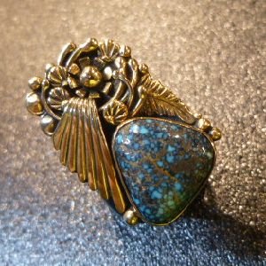 画像1: ナバホ　Boyd・Tsosie　1977年制作　オール14金ゴールド×ランダーブルーターコイズ付　リング11・5号