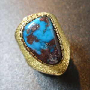 ナバホ Wes・Willie オール18Kゴールド ビスビーターコイズ付 リング17号